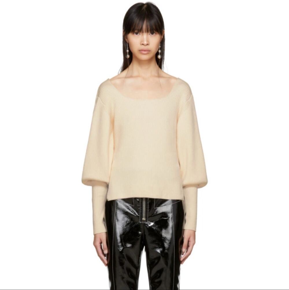 Khaite Lynette Merino Wool Sweater Beige Cream Square Neck Rib Knit Large